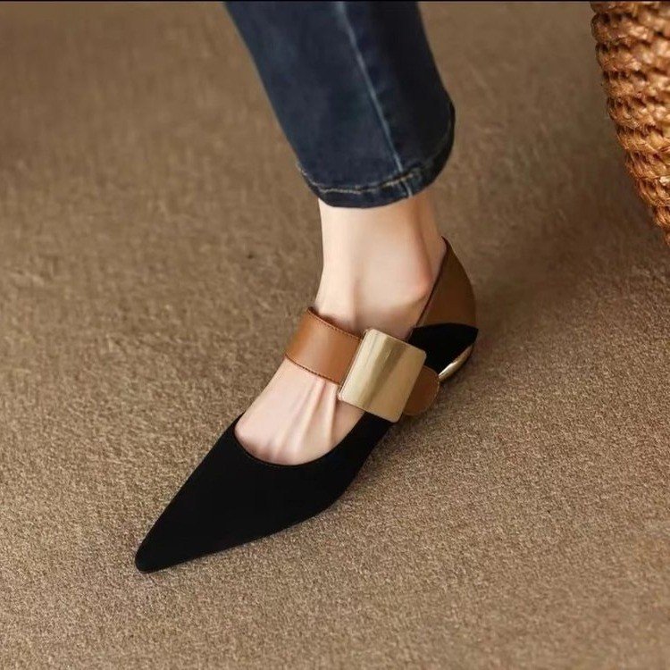 Womens Metallic Buckle Colorblock Shallow-Heel Chunky Heel Pumps