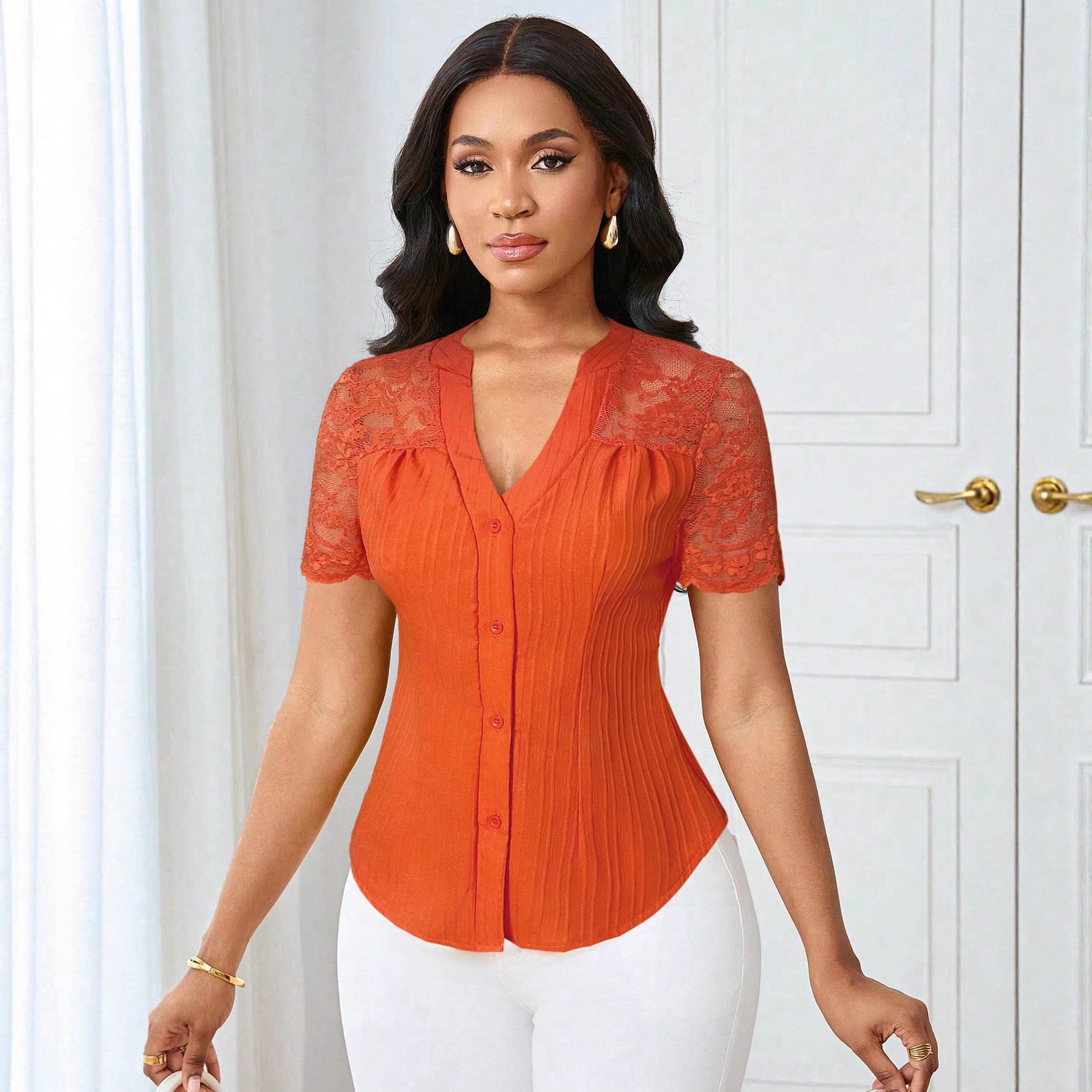 Versatile Slim-fit Embroidered Hollow-out Short-sleeve Top With A Single-breasted Design