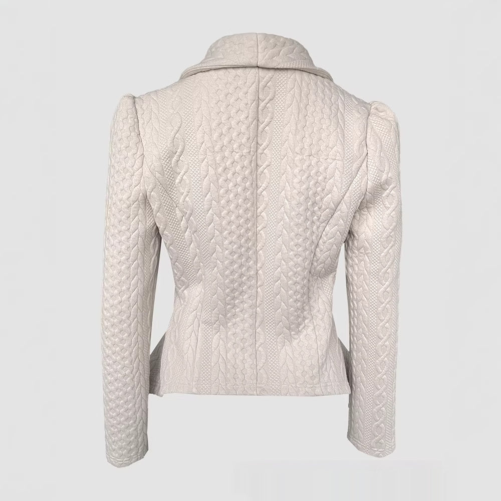 Womens Knitted Jacquard Lapel Fitted Waist Long Sleeve Coat