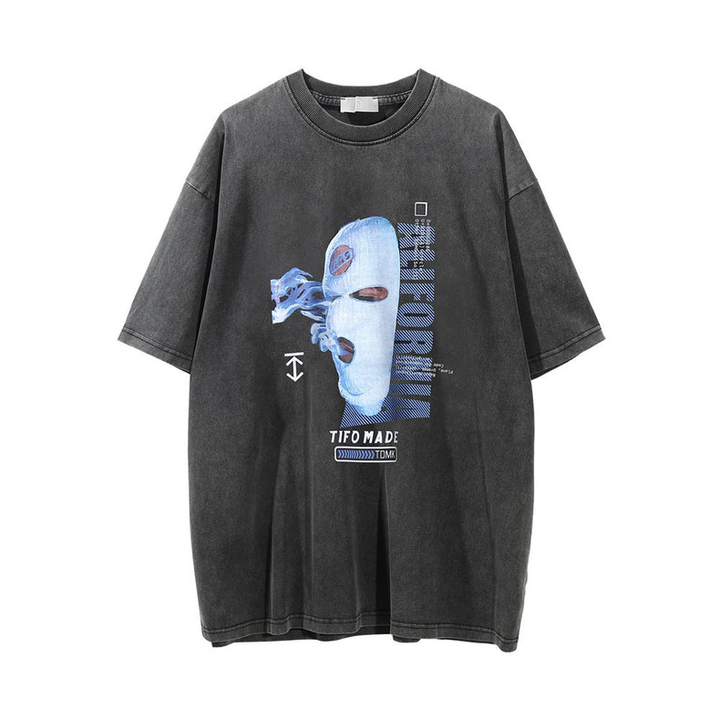 Fun Masked Man Like Printed Round Neck Short Sleeve T-shirt