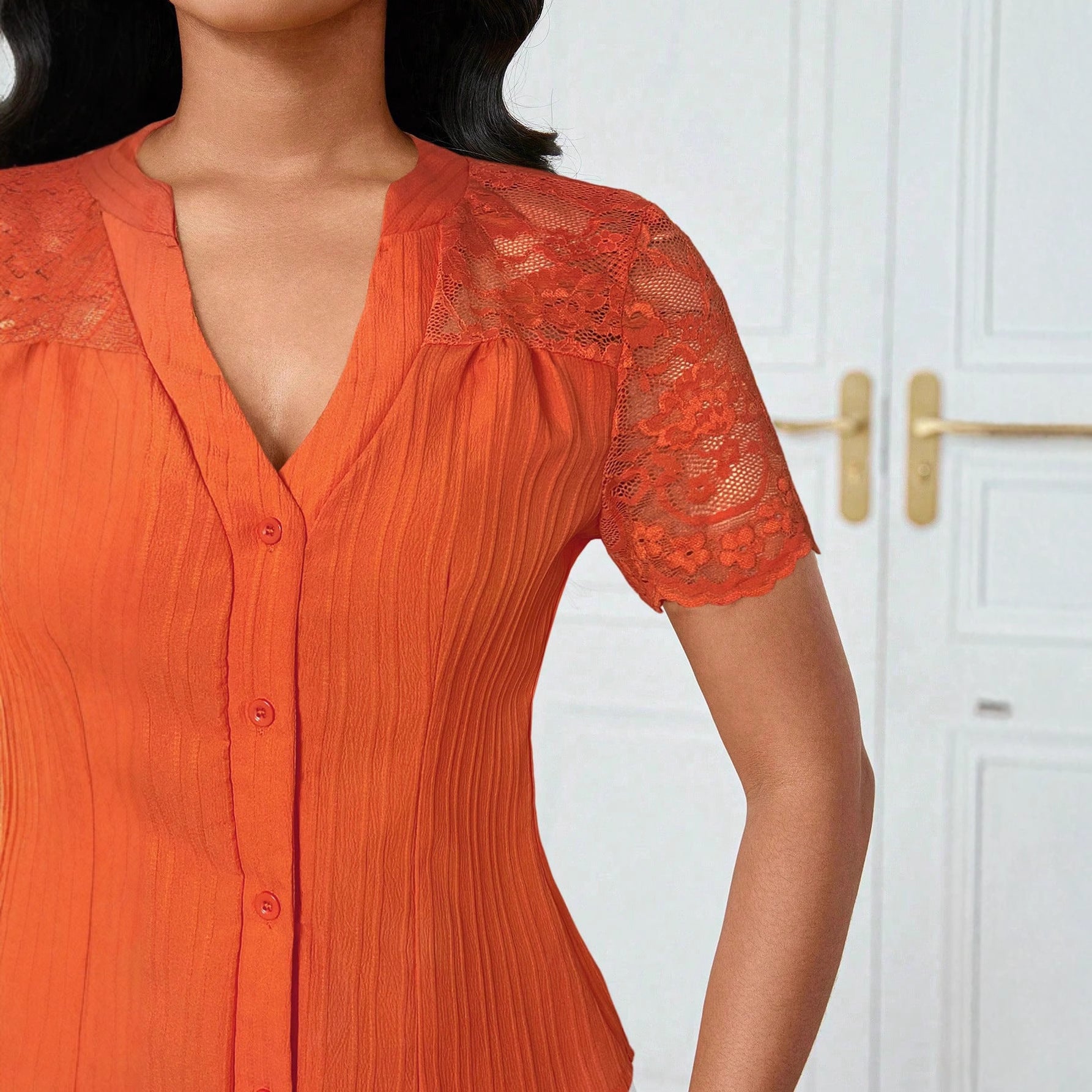 Versatile Slim-fit Embroidered Hollow-out Short-sleeve Top With A Single-breasted Design