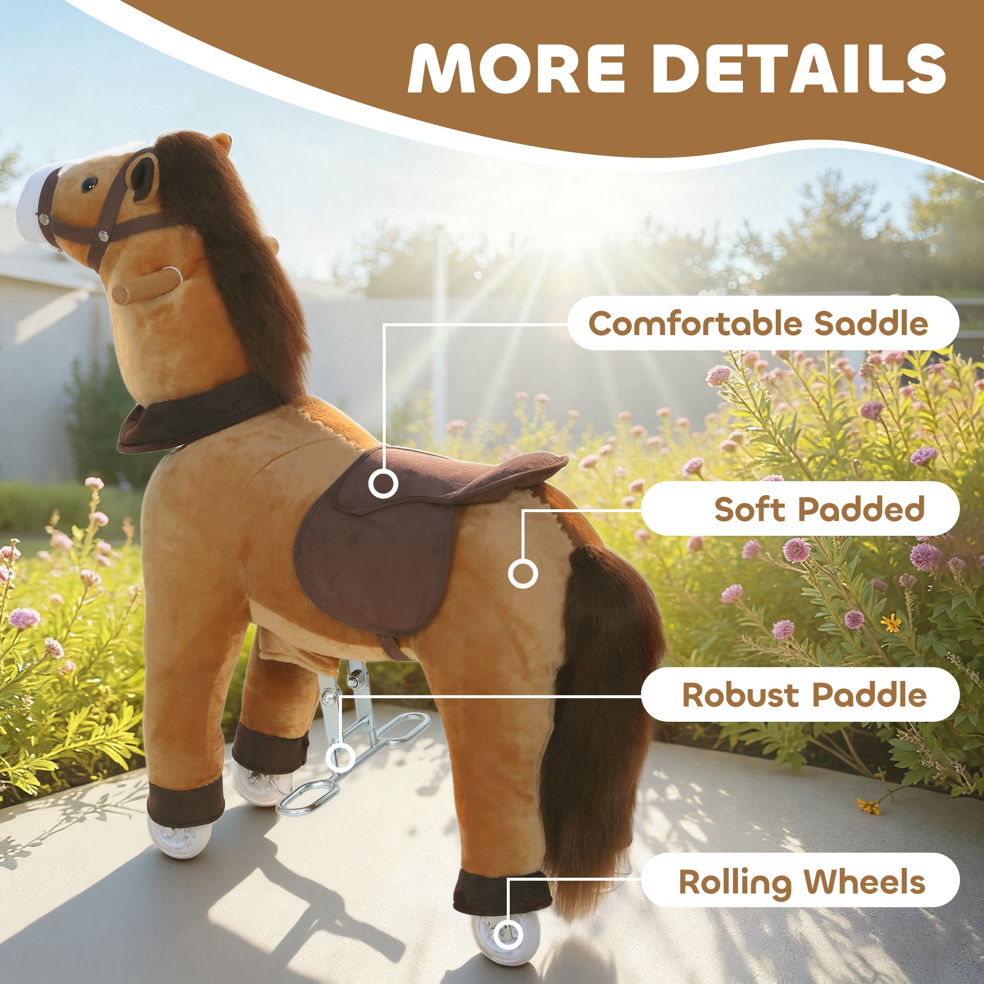 Ride on Horse, Plush Riding Pony for Ages 3-5, Walking Horse Animal with Wheels for Active Play, Dark Brown