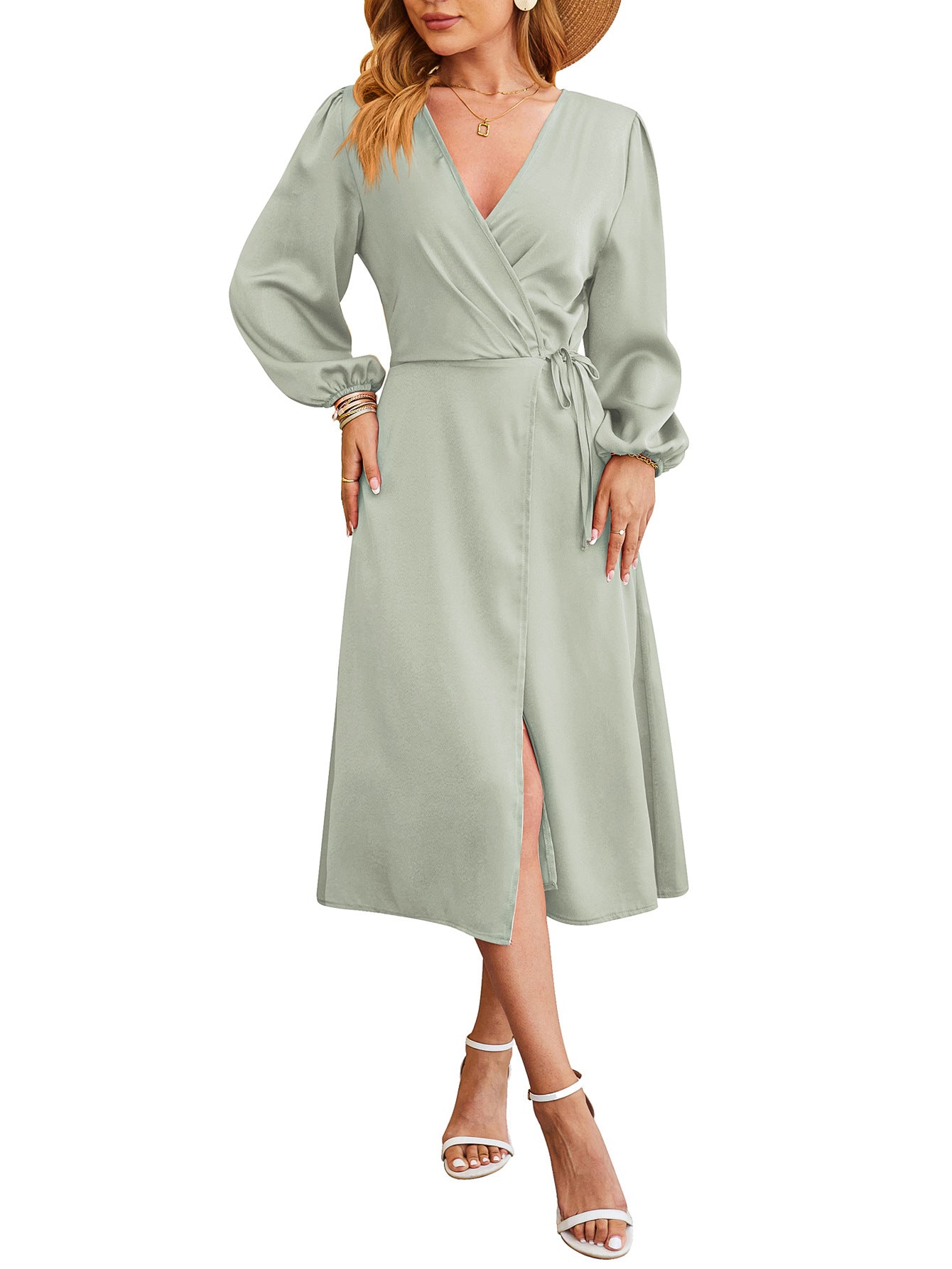 New Satin Solid-color V-neck Skirt With A Slitsexy Dress