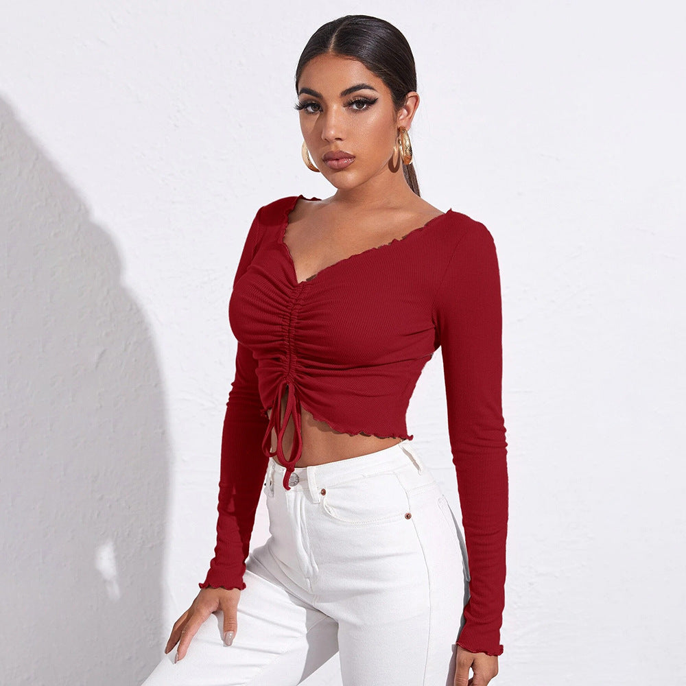 Casual V-neck Ruched Slim-fit Ultra-short Knit Long-sleeve Women's T-shirt