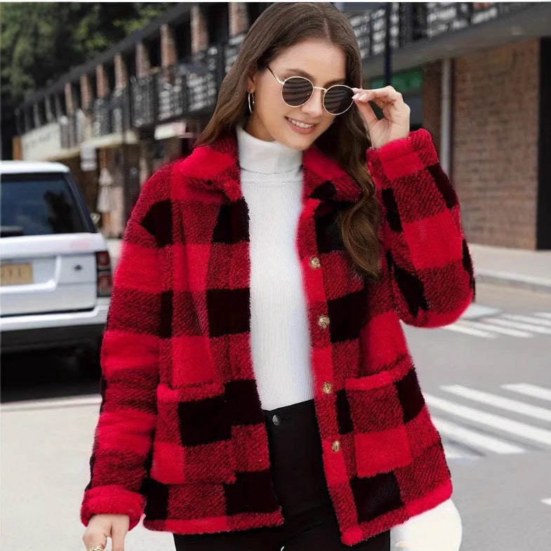 Color-blocked Plaid Jacket Fashion Lapel Pockets Single-breasted Coat Spring Fall Clothing For Women