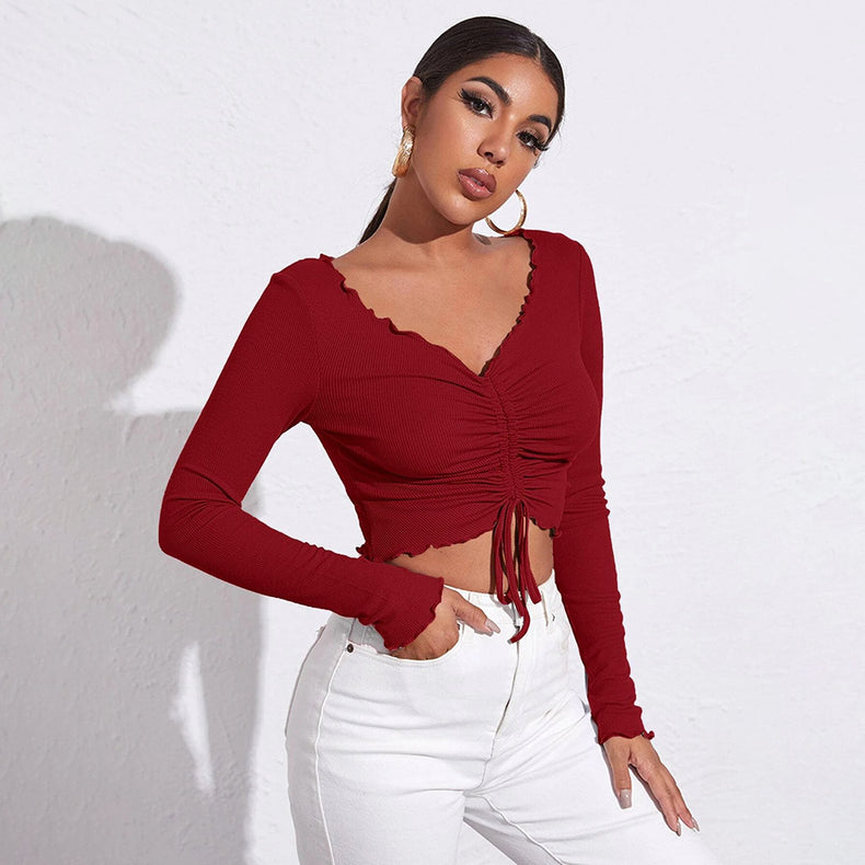 Casual V-neck Ruched Slim-fit Ultra-short Knit Long-sleeve Women's T-shirt