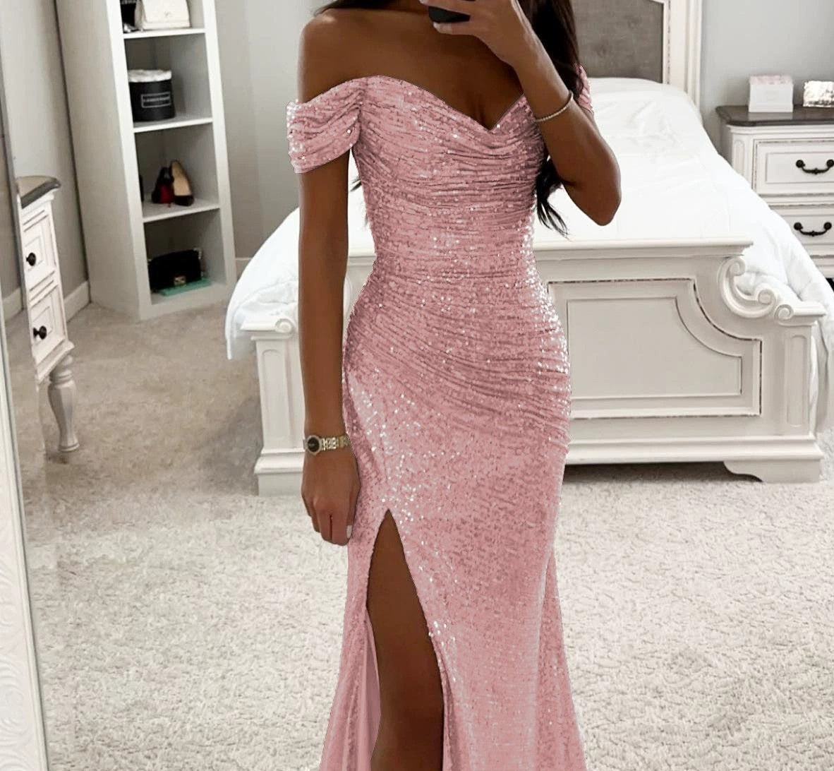 Party Sequins Off-neck Split Dress INS Casual Fashion Dress Women Charming Slimming Dress For Women