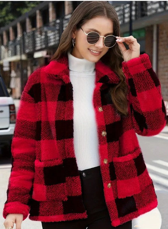 Color-blocked Plaid Jacket Fashion Lapel Pockets Single-breasted Coat Spring Fall Clothing For Women