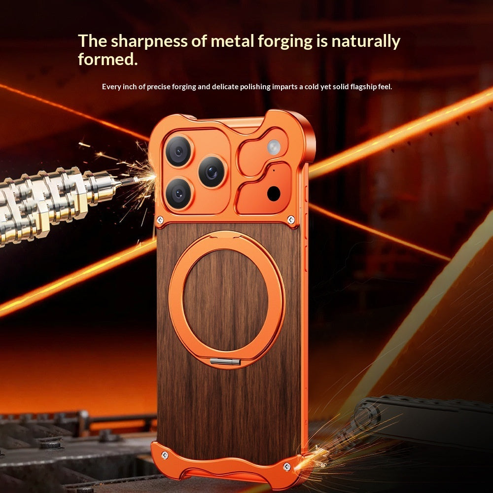 One-piece Shell With A Rotating Standsolid Wood And Metal Magnetic Phone Case