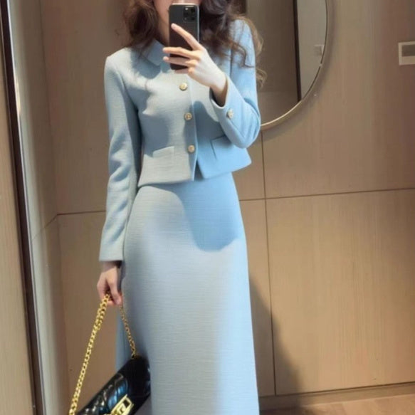 Elegant Coat And Skirt Set For Women