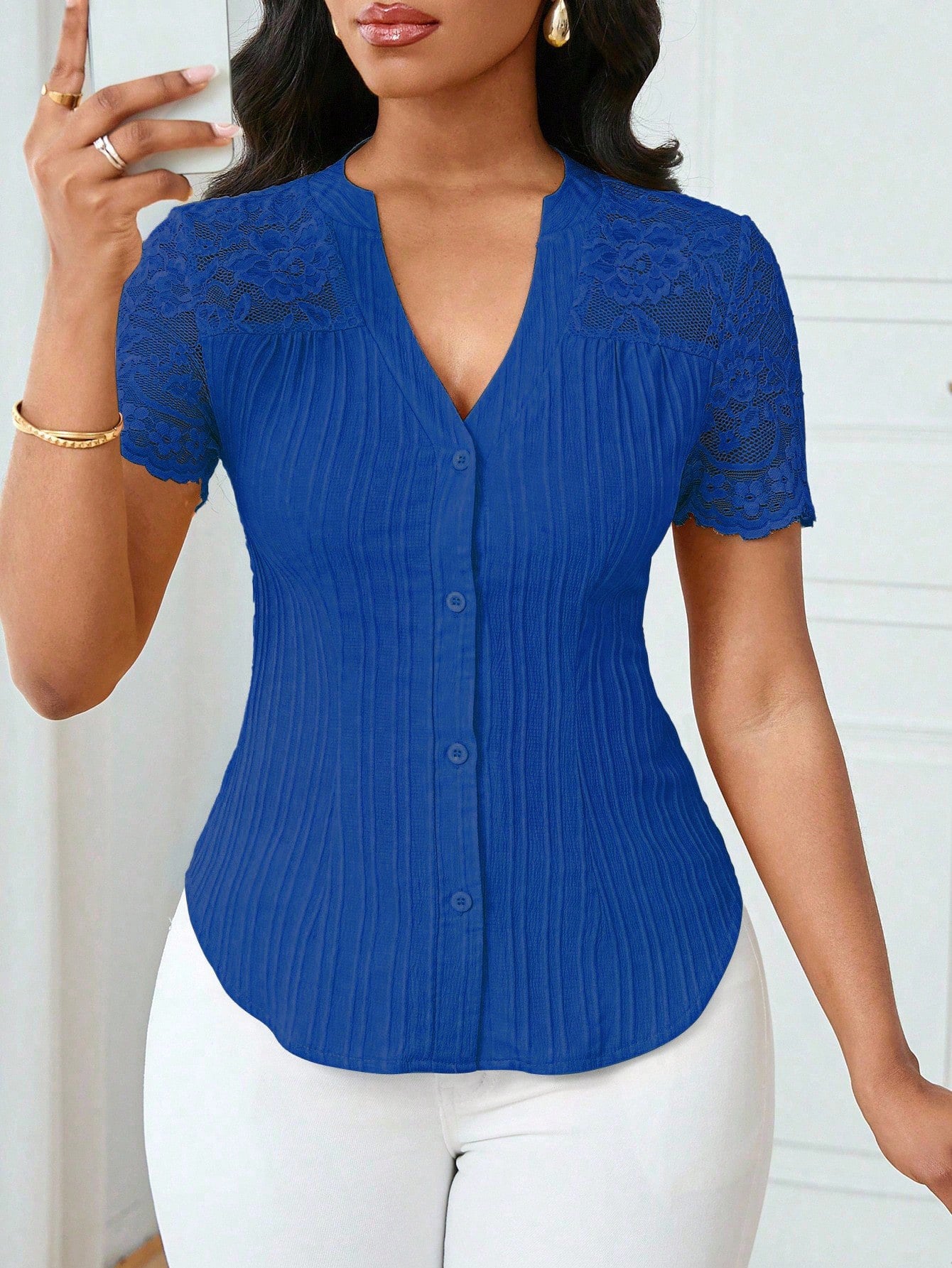Versatile Slim-fit Embroidered Hollow-out Short-sleeve Top With A Single-breasted Design