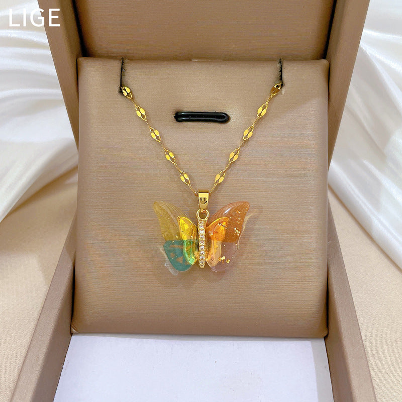 Titanium Steel Colorful Butterfly Full-Diamond Necklace