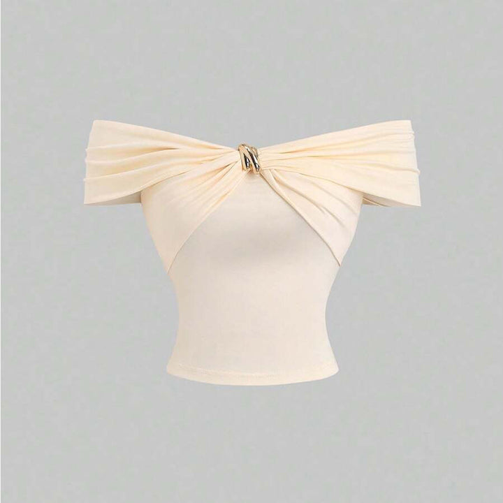 Womens Solid-Color Fashion Metal-Clasp Off-Shoulder Short Sleeve Top