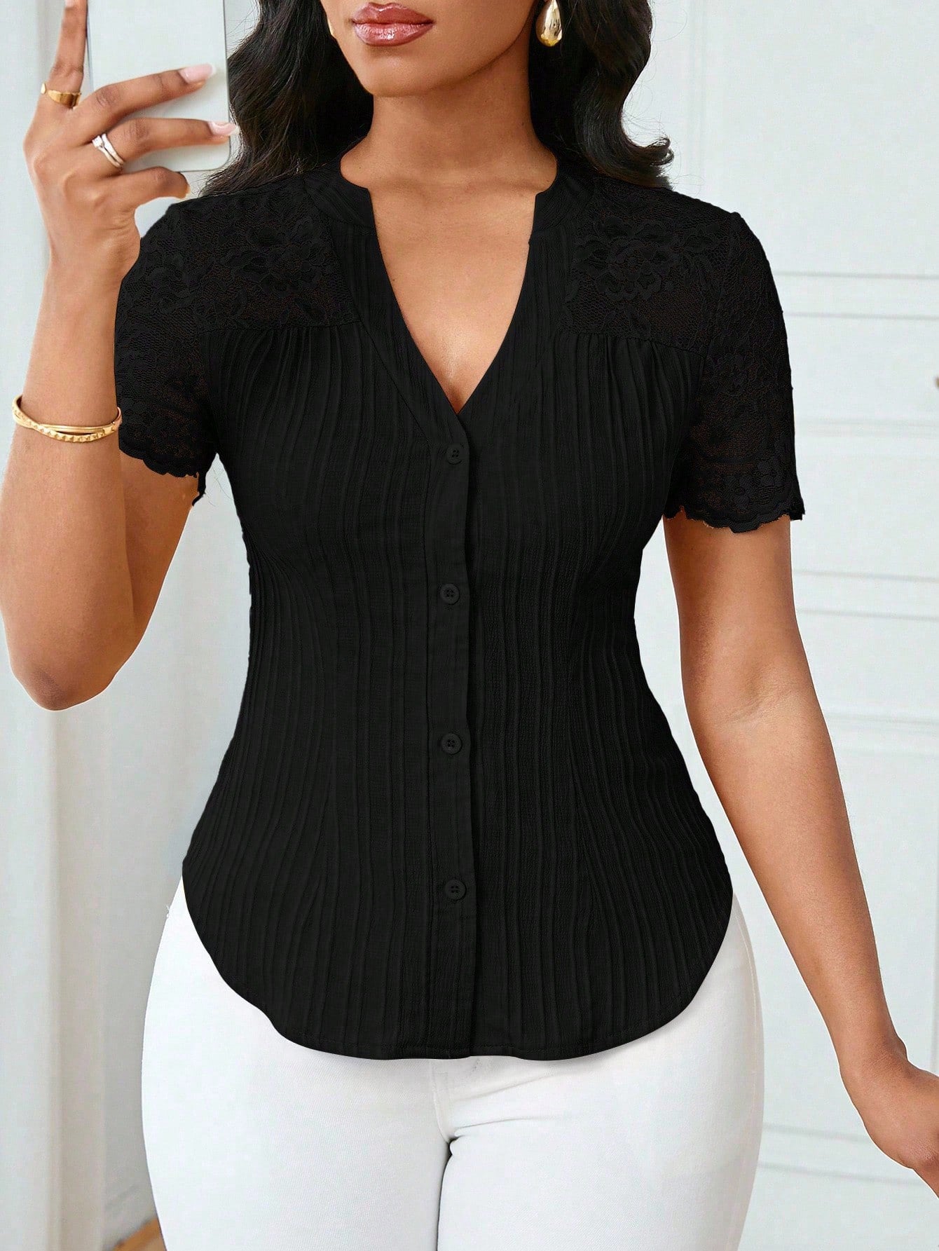 Versatile Slim-fit Embroidered Hollow-out Short-sleeve Top With A Single-breasted Design
