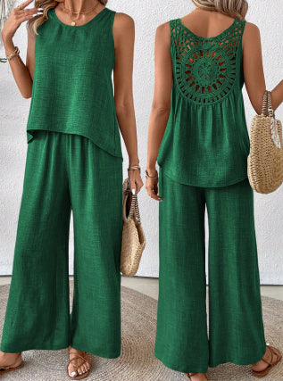 2 Pieces Set Women's Sleeveless Solid Color Back Hollow Lace Suit Summmer Trendy Casual Top Wide Leg Pants Set For Daily Wear Holiday Outfit