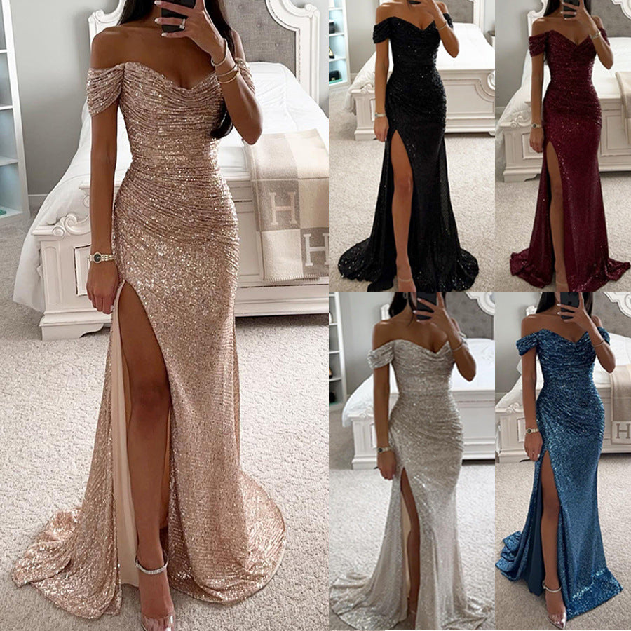 Party Sequins Off-neck Split Dress INS Casual Fashion Dress Women Charming Slimming Dress For Women
