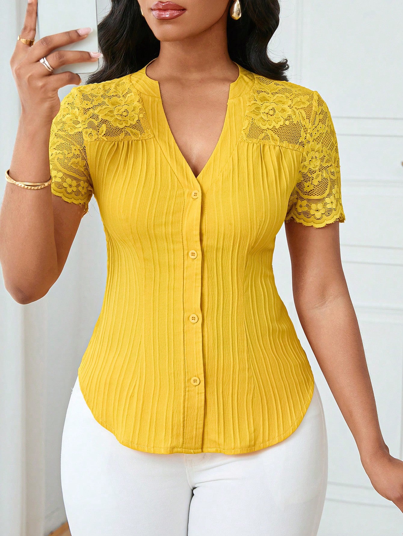 Versatile Slim-fit Embroidered Hollow-out Short-sleeve Top With A Single-breasted Design