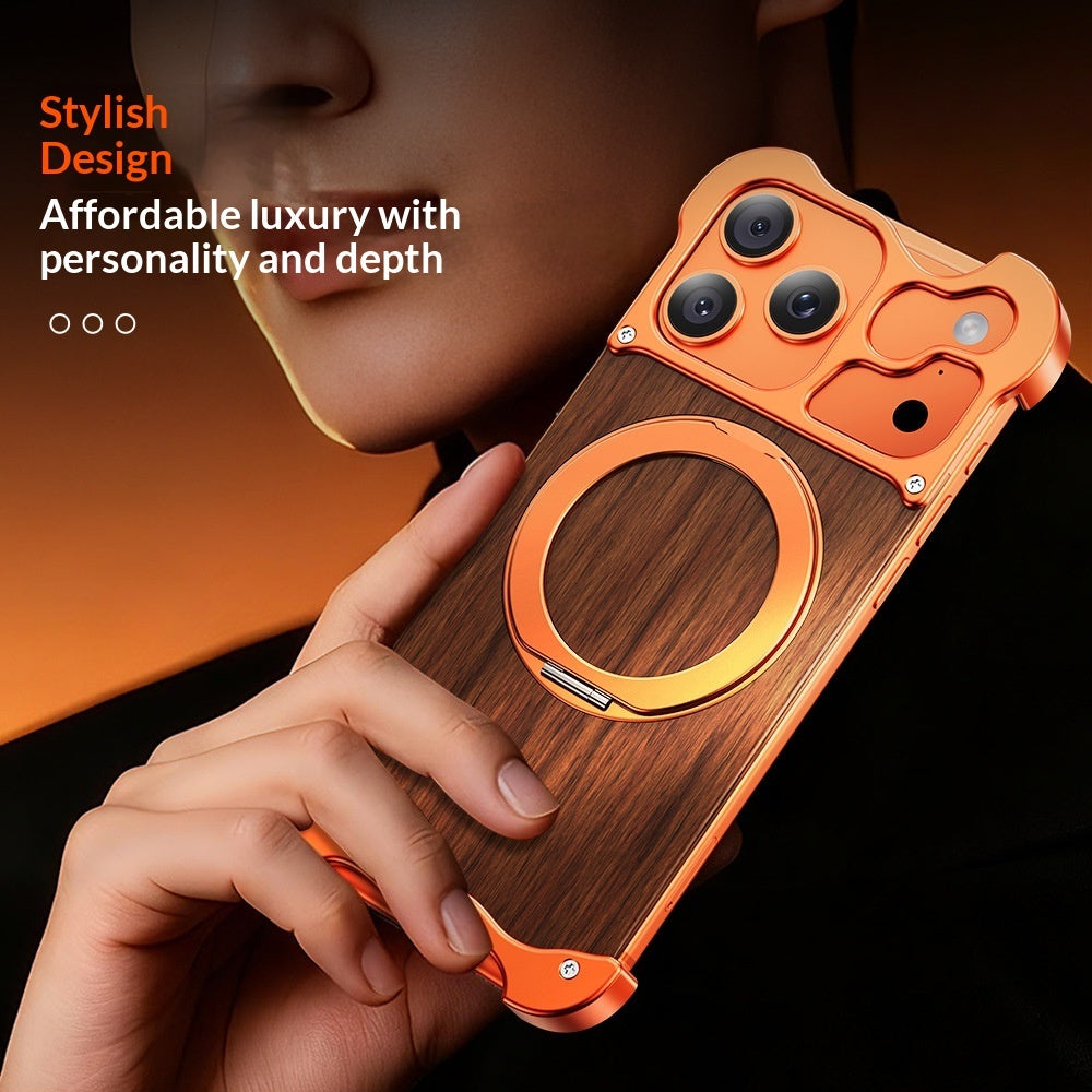 One-piece Shell With A Rotating Standsolid Wood And Metal Magnetic Phone Case