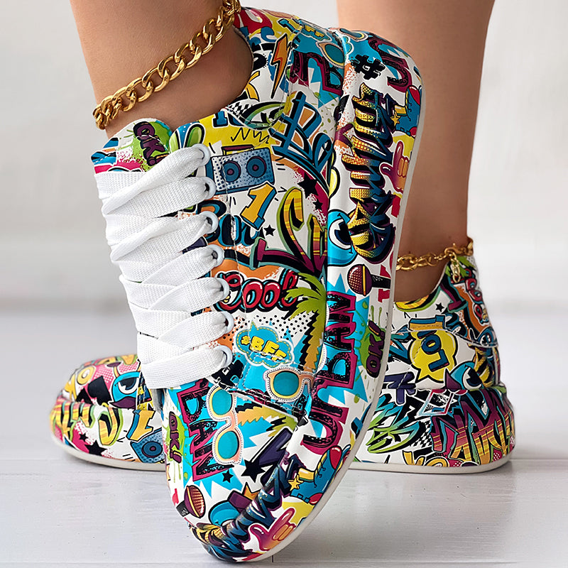 Women's Casual Round Toe Thick Sole Lace-Up Sneakers, Random Print Design, Comfortable Sporty Shoes For Daily Wear