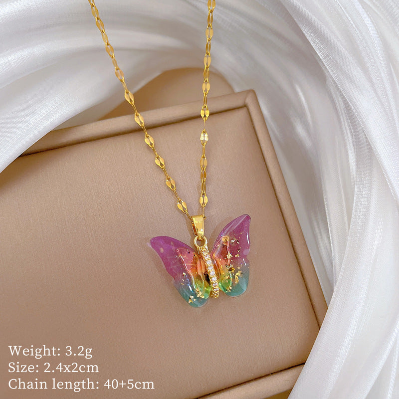 Titanium Steel Colorful Butterfly Full-Diamond Necklace