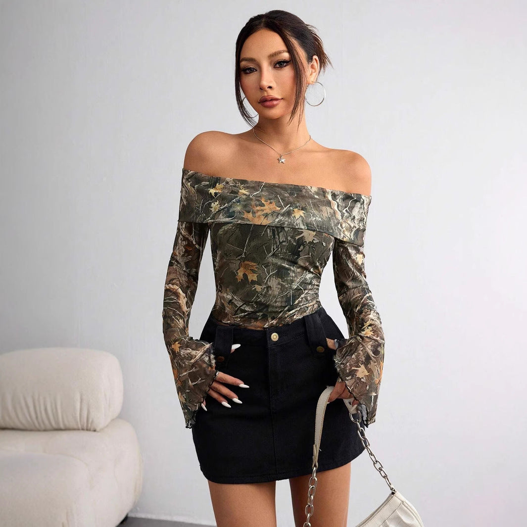 Mesh Printed Off-shoulder Long Sleeved Fitted T-shirt Top