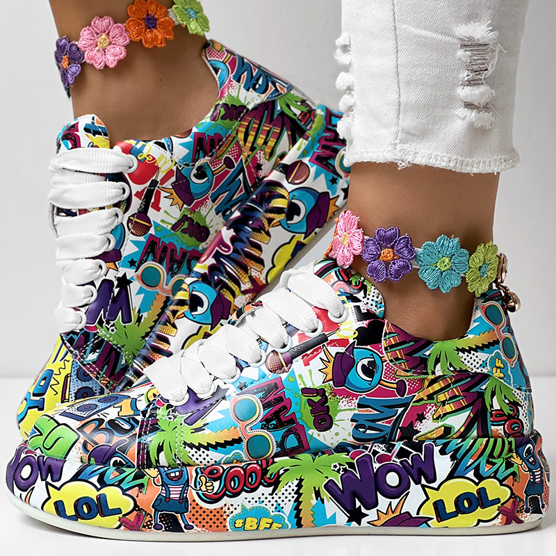 Women's Casual Round Toe Thick Sole Lace-Up Sneakers, Random Print Design, Comfortable Sporty Shoes For Daily Wear