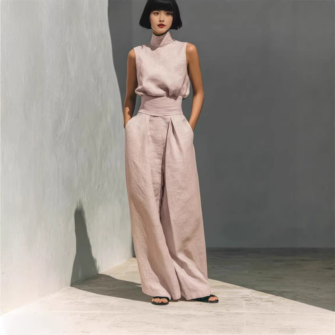 Casual Sleeveless Suit Summer Stand-up Collar Pullover Top And Loose Straight-leg Trousers Women's Clothing