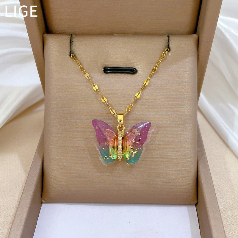 Titanium Steel Colorful Butterfly Full-Diamond Necklace