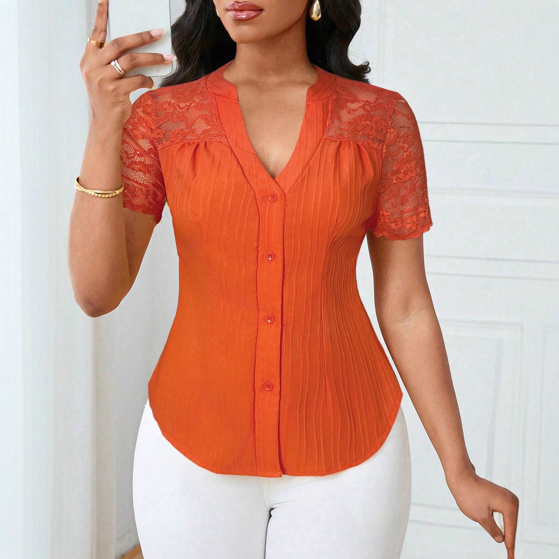 Versatile Slim-fit Embroidered Hollow-out Short-sleeve Top With A Single-breasted Design