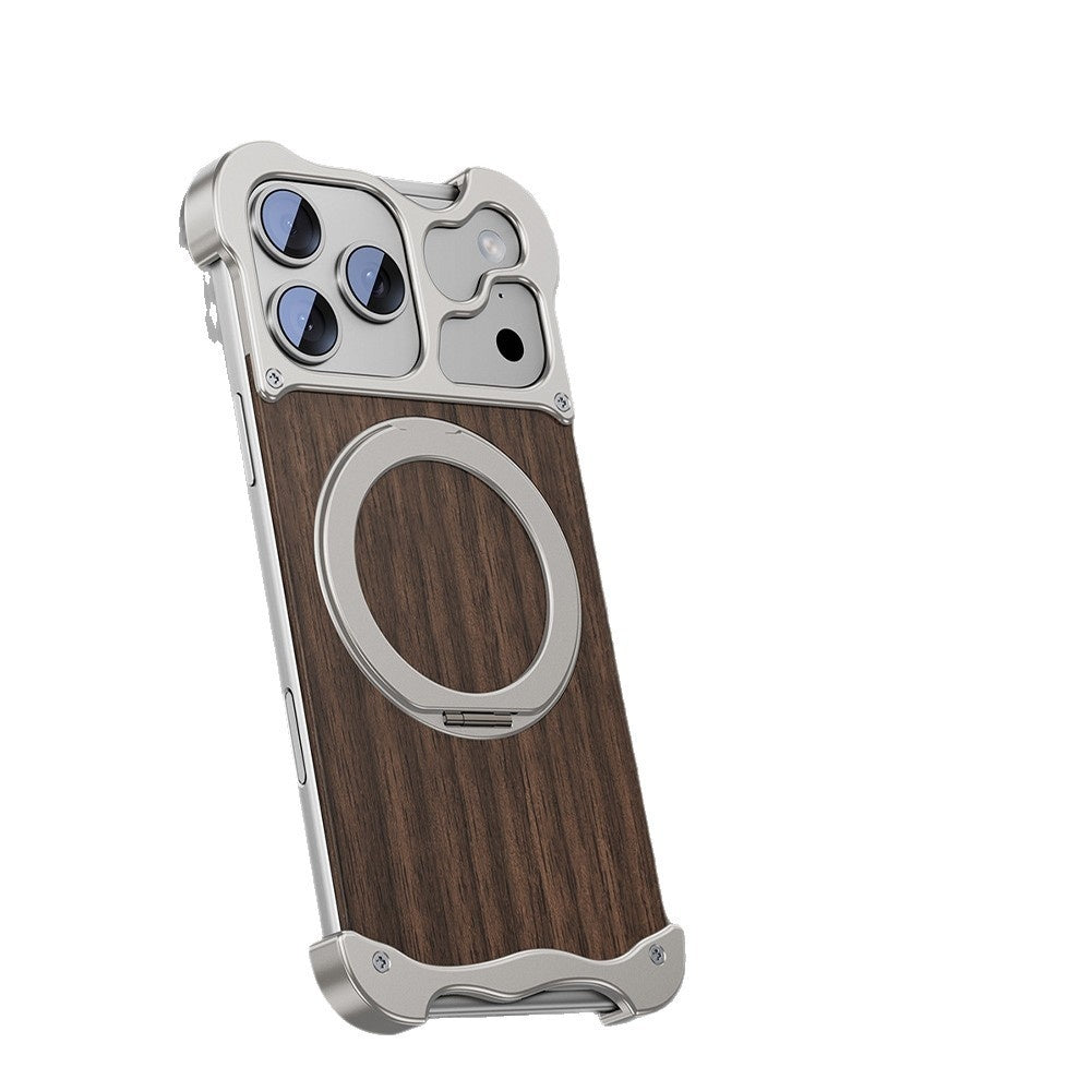 One-piece Shell With A Rotating Standsolid Wood And Metal Magnetic Phone Case