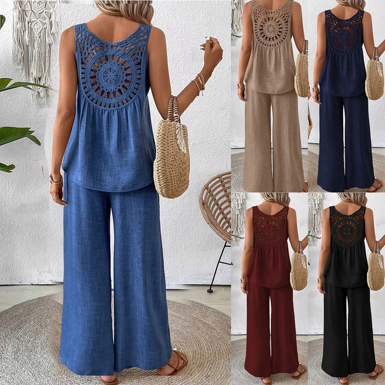 2 Pieces Set Women's Sleeveless Solid Color Back Hollow Lace Suit Summmer Trendy Casual Top Wide Leg Pants Set For Daily Wear Holiday Outfit