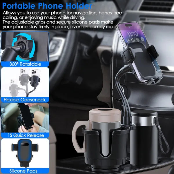 2 In 1 Car Cup Phone Holder Automotive Drink Holder With 360° Rotating Gooseneck Phone Mount Adjustable Base Fit For Most Phones Cups Vehicles