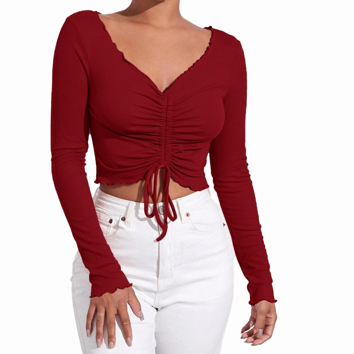 Casual V-neck Ruched Slim-fit Ultra-short Knit Long-sleeve Women's T-shirt