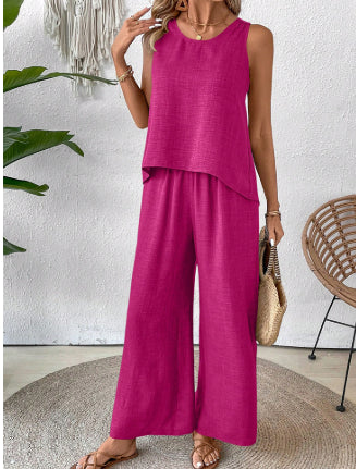 2 Pieces Set Women's Sleeveless Solid Color Back Hollow Lace Suit Summmer Trendy Casual Top Wide Leg Pants Set For Daily Wear Holiday Outfit