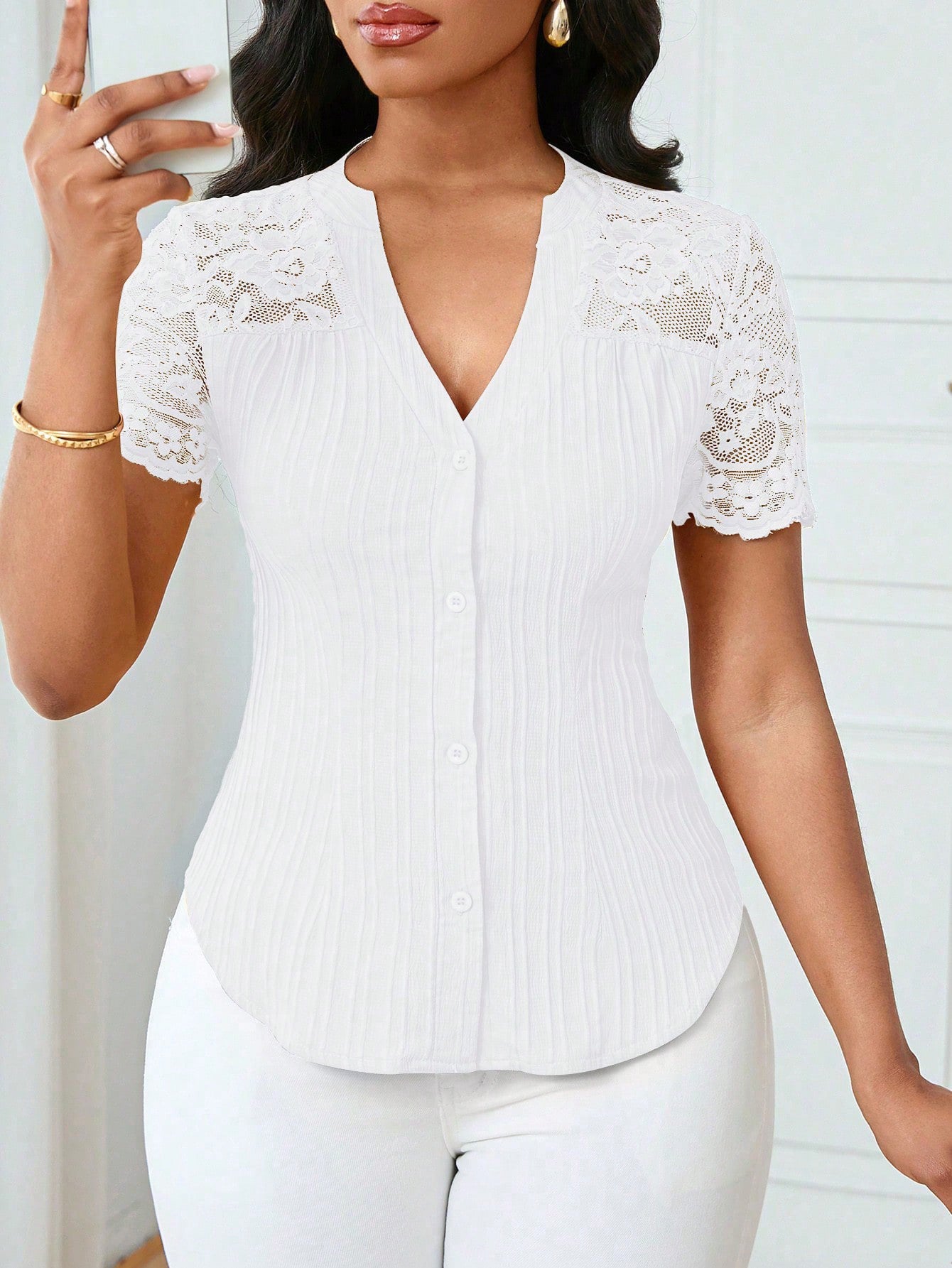 Versatile Slim-fit Embroidered Hollow-out Short-sleeve Top With A Single-breasted Design