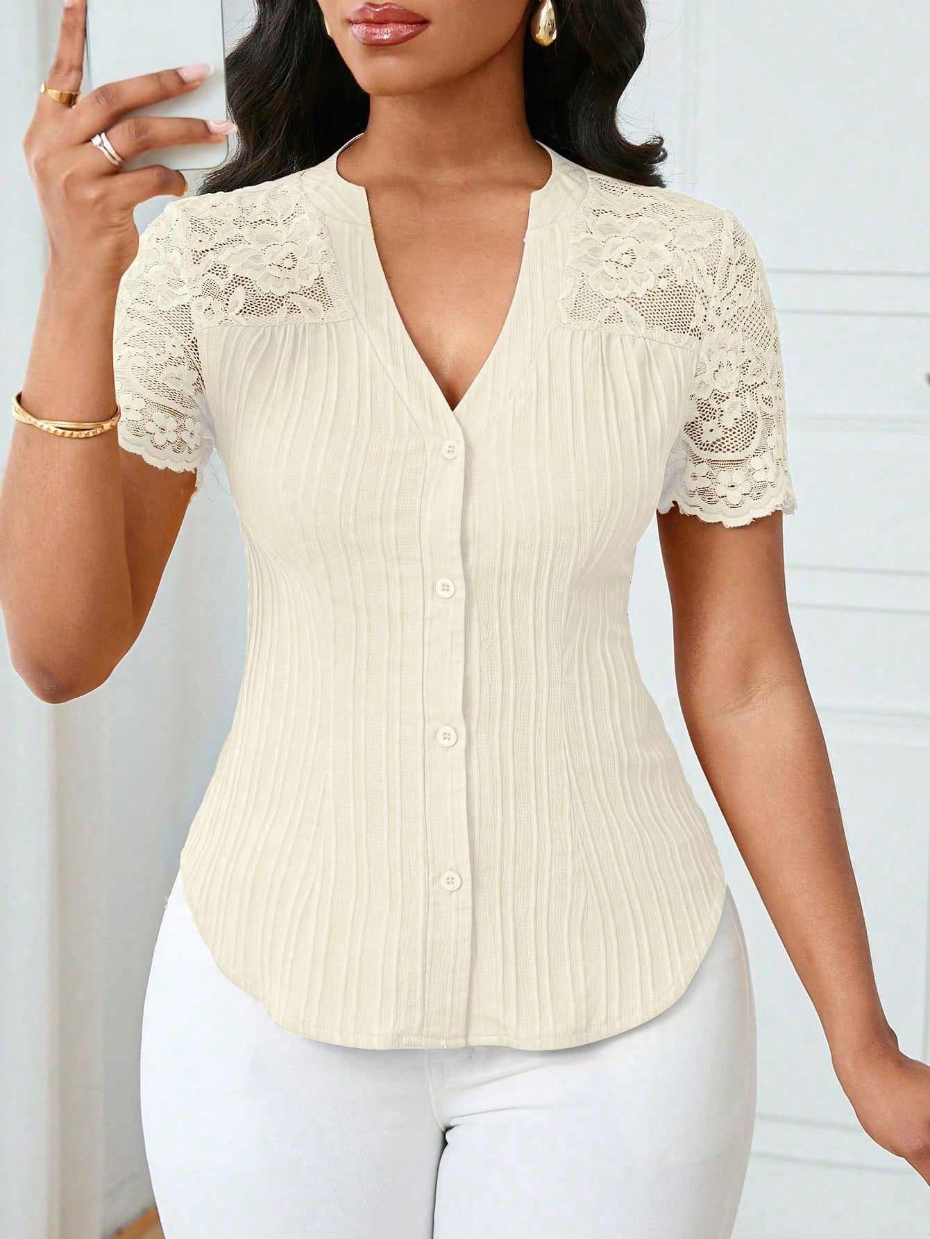 Versatile Slim-fit Embroidered Hollow-out Short-sleeve Top With A Single-breasted Design