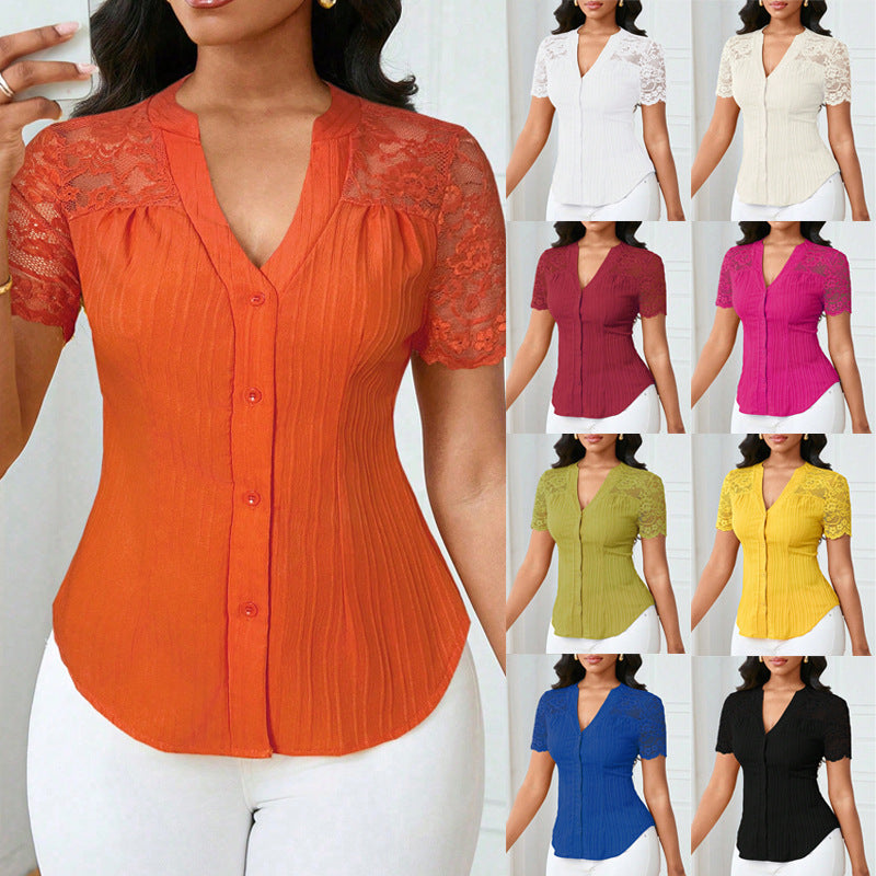 Versatile Slim-fit Embroidered Hollow-out Short-sleeve Top With A Single-breasted Design