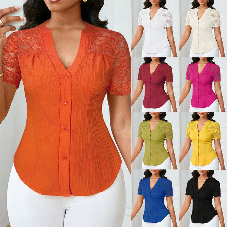 Versatile Slim-fit Embroidered Hollow-out Short-sleeve Top With A Single-breasted Design