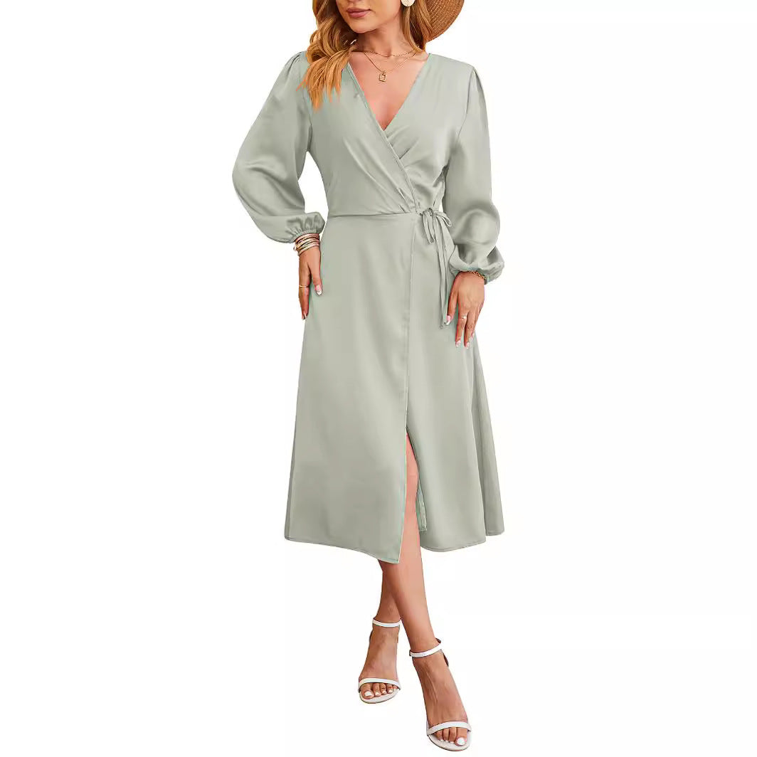 New Satin Solid-color V-neck Skirt With A Slitsexy Dress