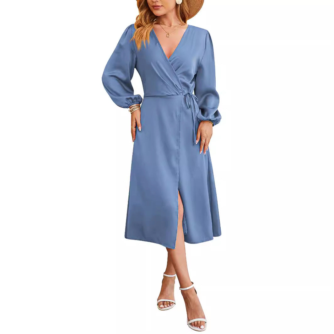 New Satin Solid-color V-neck Skirt With A Slitsexy Dress