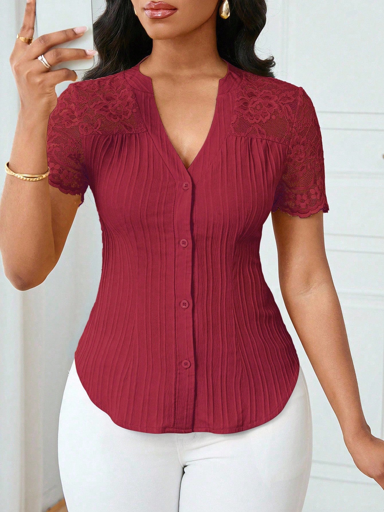 Versatile Slim-fit Embroidered Hollow-out Short-sleeve Top With A Single-breasted Design