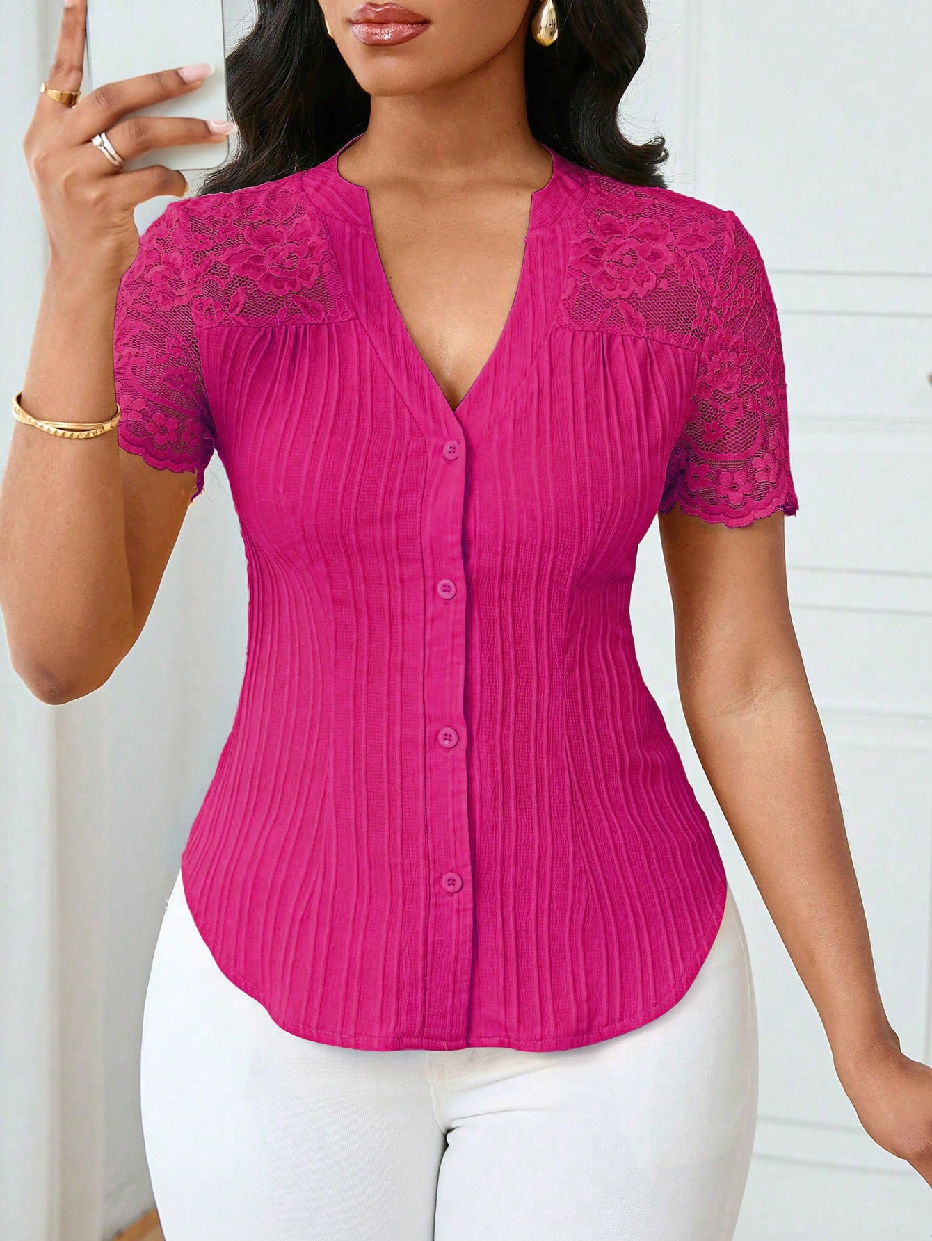 Versatile Slim-fit Embroidered Hollow-out Short-sleeve Top With A Single-breasted Design