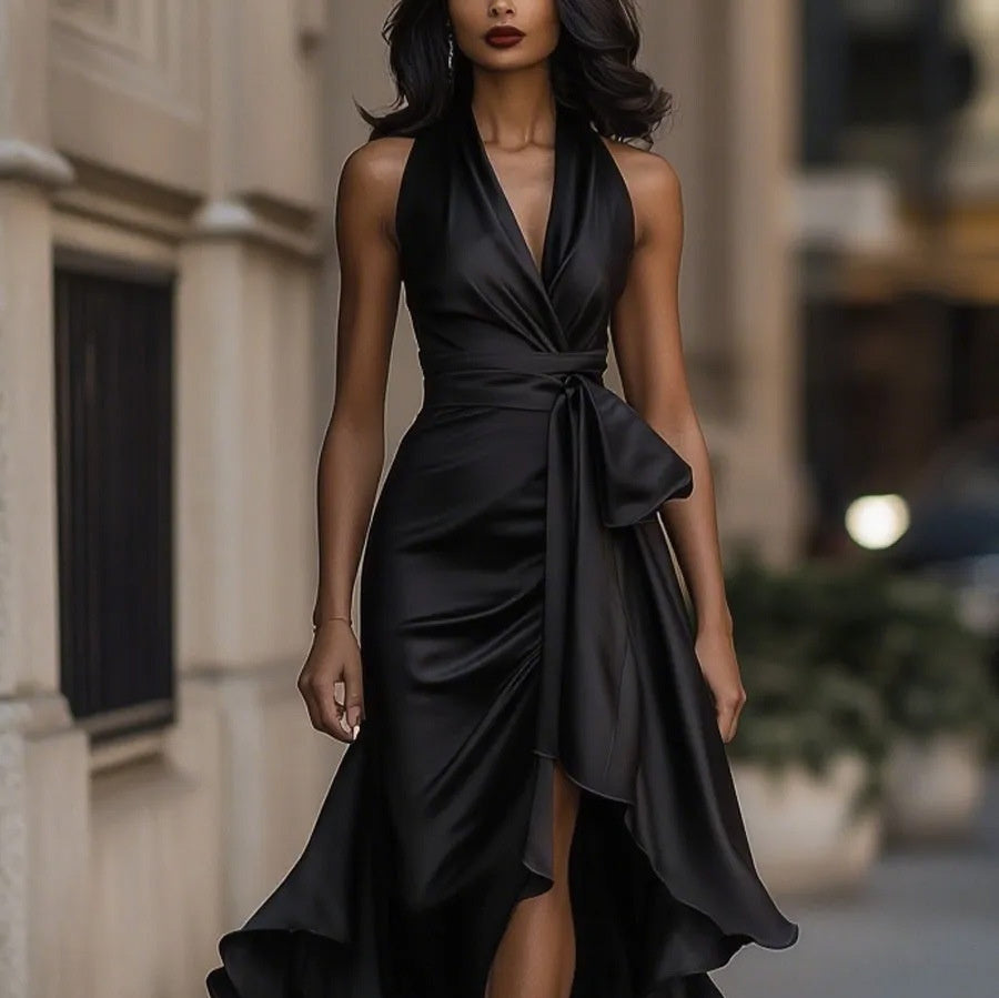 Elegant Deep V-neck Irregular Women's Ruffled Ruffled Evening Dress Gowns Solid Color Lace-up High Waist Satin Party Dresses Wedding Guests Dress