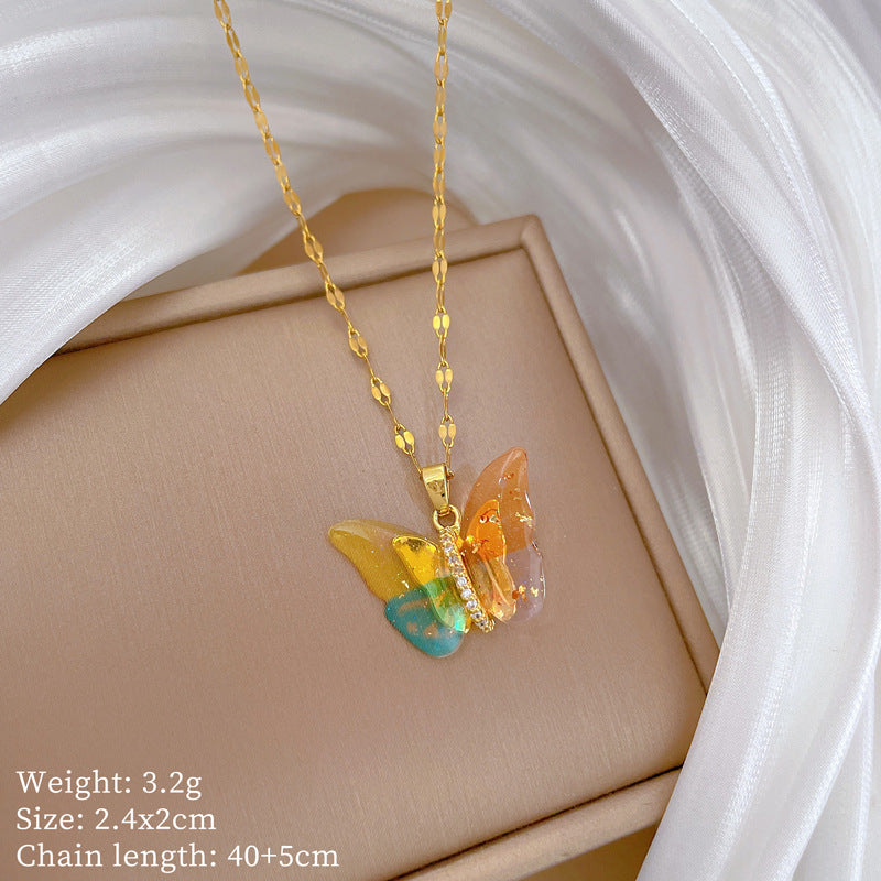 Titanium Steel Colorful Butterfly Full-Diamond Necklace