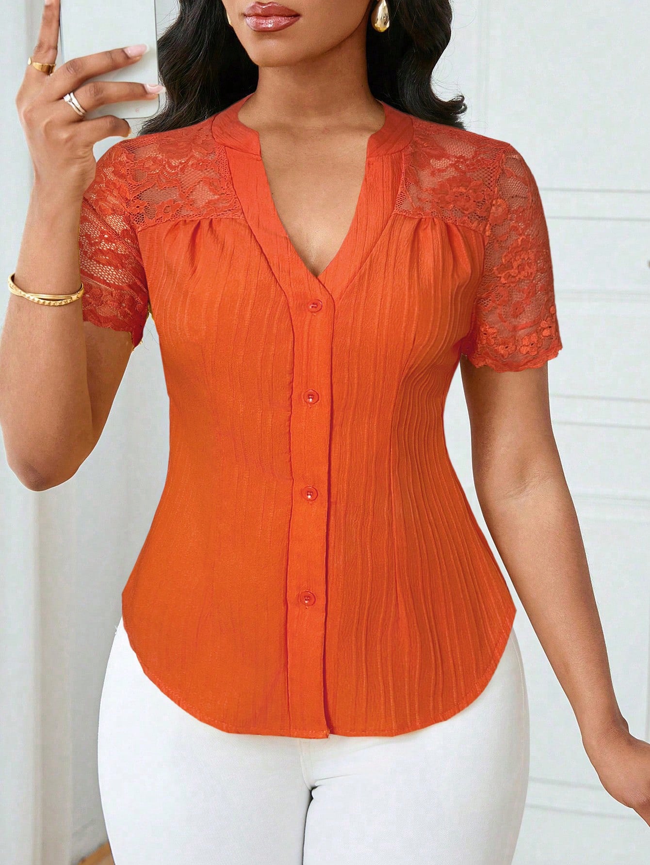 Versatile Slim-fit Embroidered Hollow-out Short-sleeve Top With A Single-breasted Design